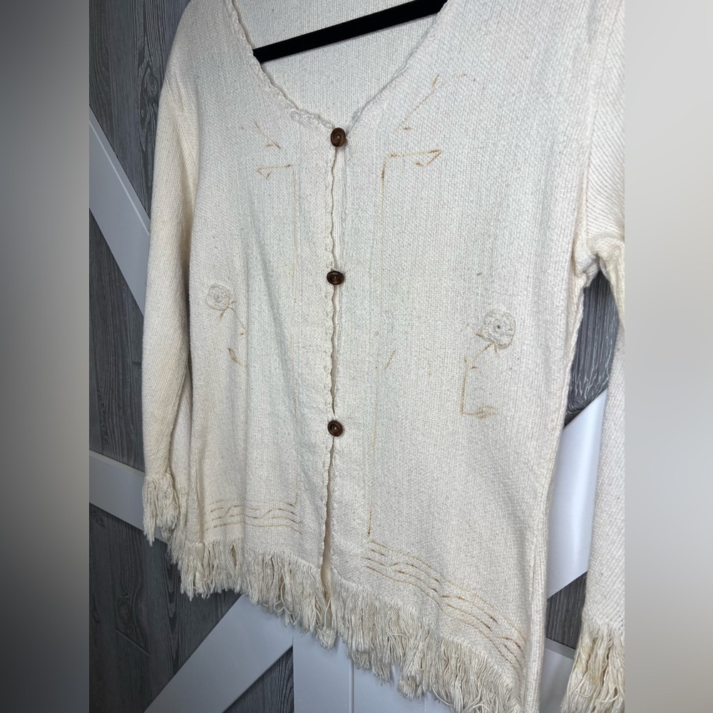 211. Vintage Boho Cream/Ivory Linen Fringed Shacket M - Picture 5 of 8